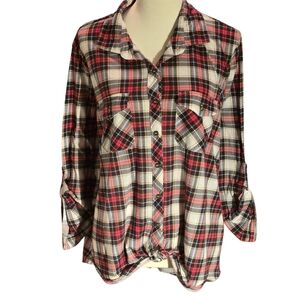 Polly & Esther Flannel Plaid Button-Up Top Women 3X Roll-tab Sleeve